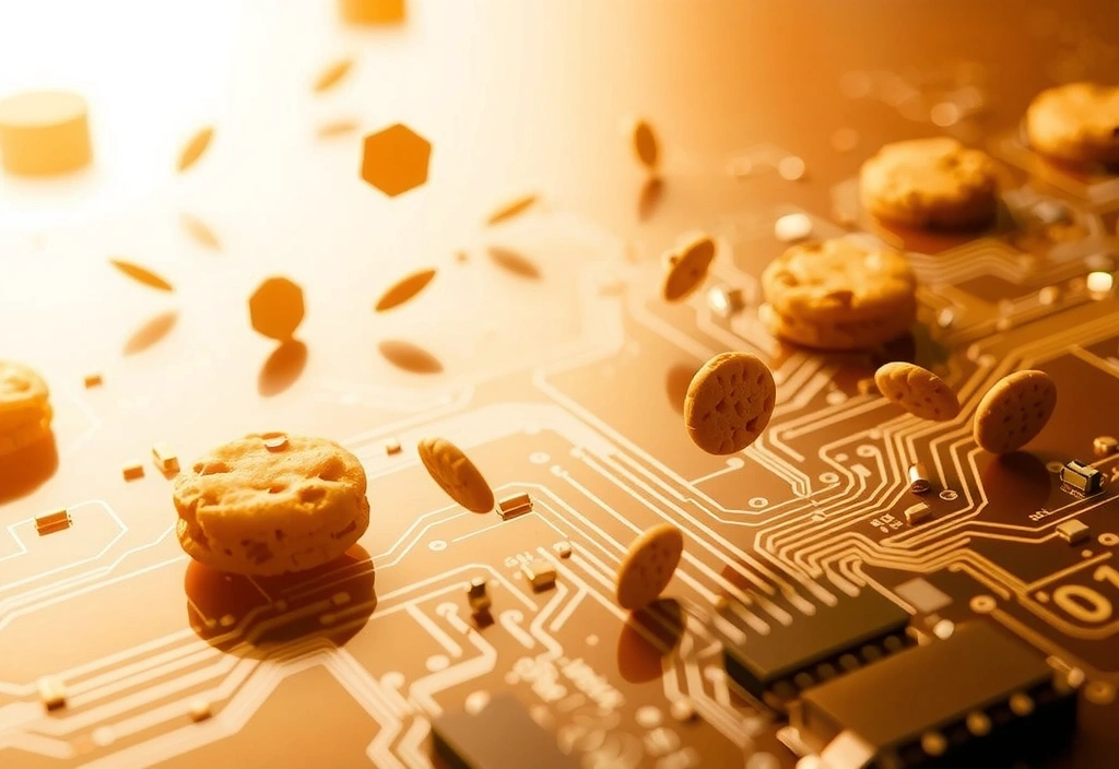 Illustration of various cookies on a digital screen, representing data and website interaction