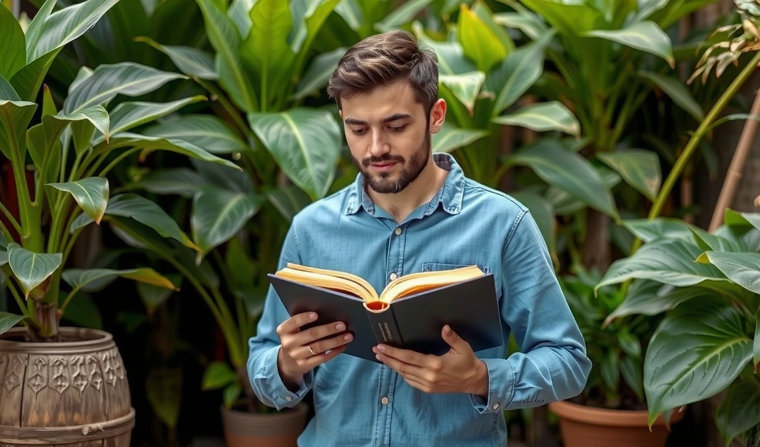 Person reading a book surrounded by lush plants, symbolizing learning and growth