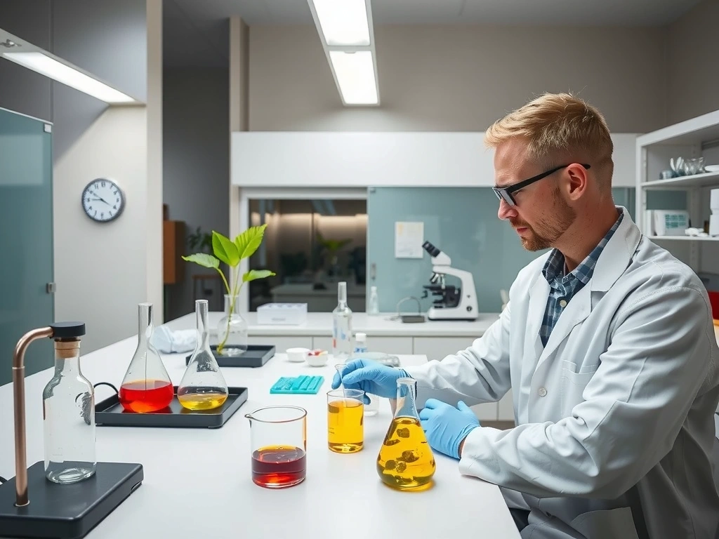 Laboratory setting with scientific equipment and a scientist examining plant extracts, representing rigorous quality control.