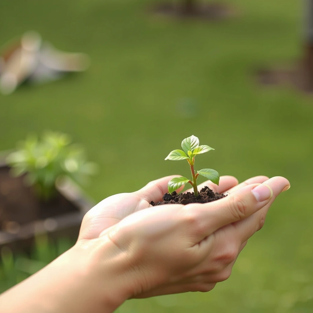 A gentle hand cradling a small plant, symbolizing ethical sourcing