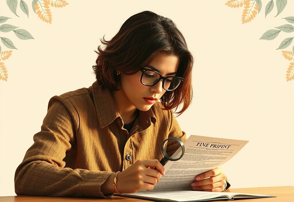 A person reading a legal document with a magnifying glass, surrounded by subtle botanical illustrations, symbolizing careful review of terms.