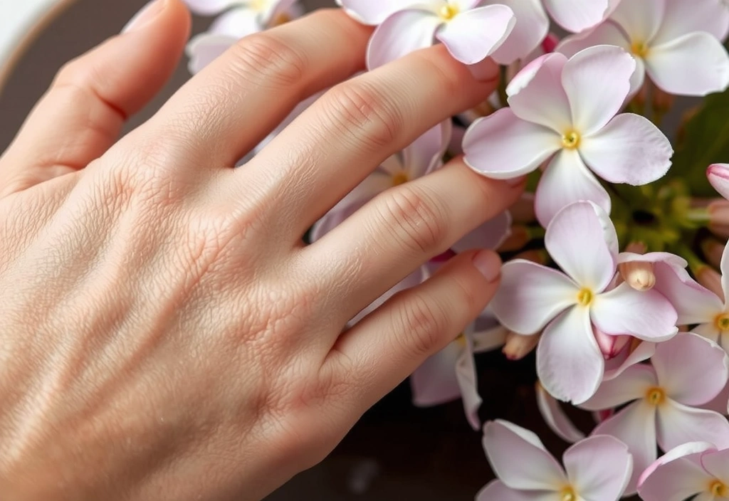 Gentle hand touching delicate flowers, symbolizing natural skincare